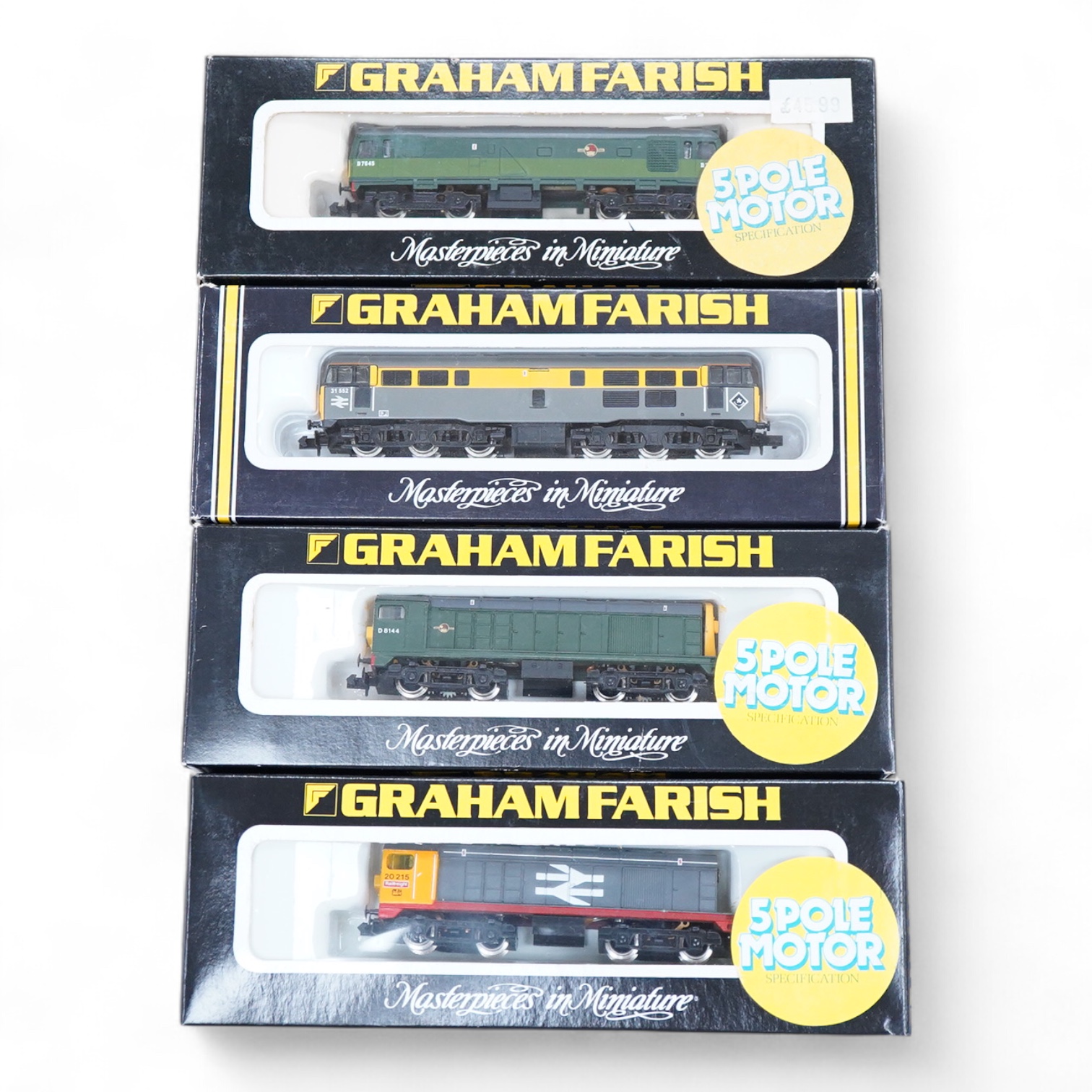 Four boxed Graham Farish N gauge railway diesel locomotives; a BR class 20, 20 215 (8208), a BR class 20, D8144 (8204) (front detached), a BR class 25, D7645, (8304) and a BR class 31, 31 552 (806A).